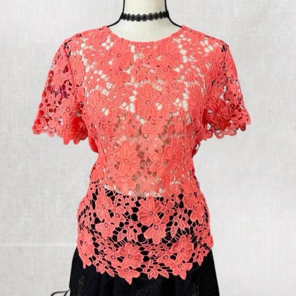 Coquette Feminine Pink Lace Floral Design Button Closure Top